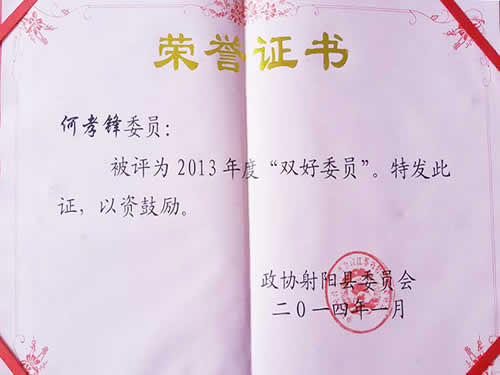 2013年度雙好委員榮譽(yù)證書
