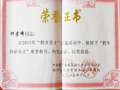 鶴鄉(xiāng)英才榮譽(yù)證書